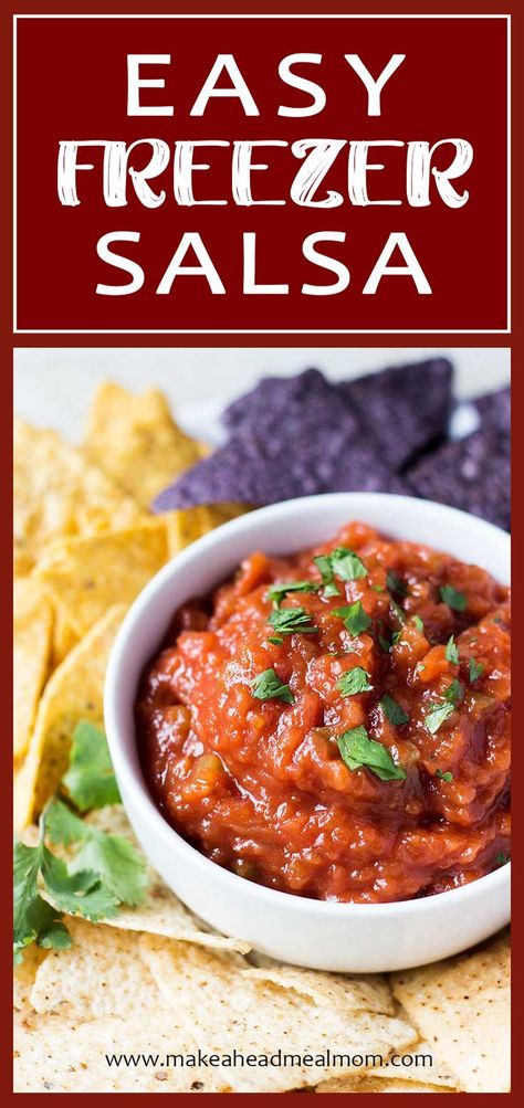 Easy Freezer Salsa | Yes, you can absolutely freeze salsa! This easy recipe combines ripe tomatoes, peppers, onions, spices and a few secret ingredients to make the BEST homemade salsa! Cook up a big batch, and then put in smaller containers to freeze for later use! #freezer #freezermeals #freezerfriendly #makeahead #easyrecipes #salsa #makeaheadmealmom Salsa Recipe For Freezing, Freezer Salsa, Freeze Salsa, Best Freezer Meals, Canning Salsa, Fresh Tomato Recipes, Easy Salsa, Easy Freezer Meals, Freezer Bags