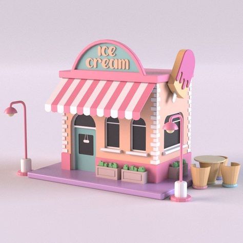 Ice Cream Shop #1 3D Model Lowpoly 3d, Ice Cream Stand, Isometric Art, Isometric Design, Low Poly Art, 3d Building, Modelos 3d, 3d Artwork, An Ice Cream