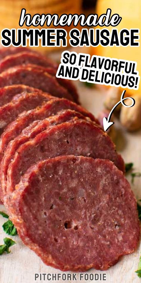 Homemade summer sausage, made with ground beef, is easy to make at home in the oven or smoker. Make this recipe at home for a great addition to a charcuterie board or a quick lunch. This smoked summer sausage is a perfect keto snack, or you can serve it with crackers and cheese. Try out this great homemade summer sausage recipe today! Homemade Salami Ground Beef, Sausage Homemade Recipes, How To Make Summer Sausage, Hard Salami Recipes, Smoked Summer Sausage, Venison Summer Sausage, Venison Summer Sausage Recipe, Snack Stick Recipe, Homemade Summer Sausage