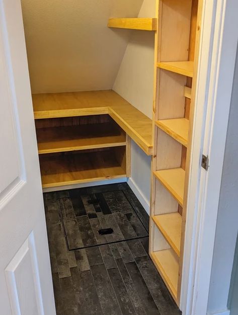 Walk-in Pantry | Lucid Development Pantry With Sloped Ceiling, Pantry Under Stairs Walk In, Sloped Ceiling Closet, Small Walk In Pantry, Mason Jar Storage, Jar Storage, Lake Cottage, Tile Flooring, Under Stairs