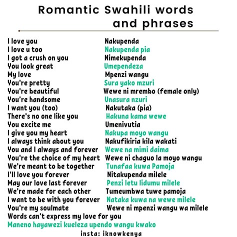 Some of the romantic swahili words to use at home or while traveling Beautiful African Words, Swahili To English Study Sets, Swahili Words And Meanings, Swahili Language Learning, Beautiful Swahili Words, Swahili Learning, Swahili Tattoo, Learning Swahili, Swahili Words