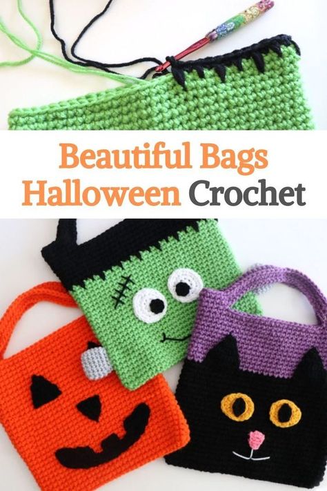 Trick Or Treat Crochet Bags, Trick Or Treat Bags Crochet, Crochet Halloween Goodie Bags, Crochet Halloween Tote Bags, Crochet Halloween Treat Bag Patterns Free, Crochet Halloween Bags Trick Or Treat, Halloween Bag Crochet, Crochet Trick Or Treat Bag Pattern, Crochet Halloween Bags Free Pattern