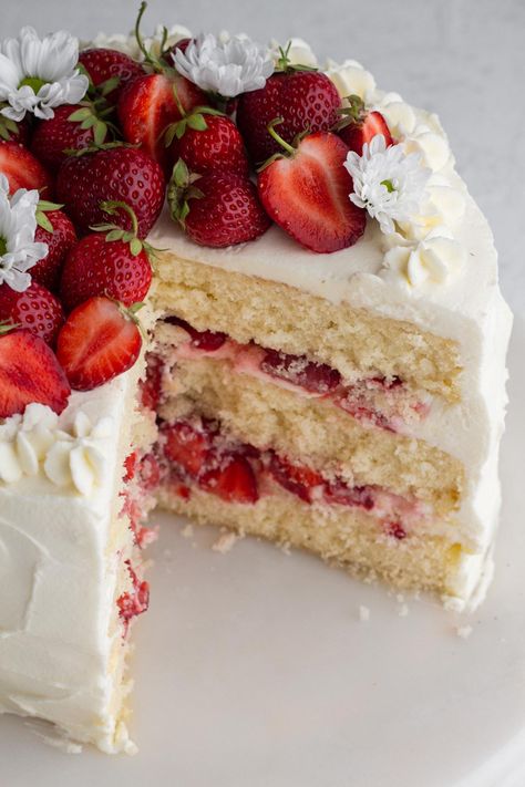 Strawberry Vanilla Cake - Always Eat Dessert Sturdy Whipped Cream Frosting, Strawberry Vanilla Cake, Strawberry Cake Filling, Summer Cake Recipes, Shortcake Cake, Moist Vanilla Cake, Strawberry Shortcake Cake, Fruity Cake, Strawberry Cake Recipes