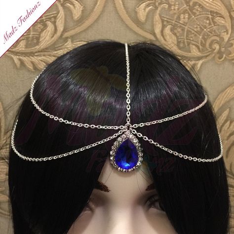 Indian Matha Patti, Forehead Chain, Prom Hair Jewelry, Head Chain Jewelry, Nose Jewels, Jewelled Headpiece, Bridal Jewellry, Blue Headpiece, Bridal Nose Ring