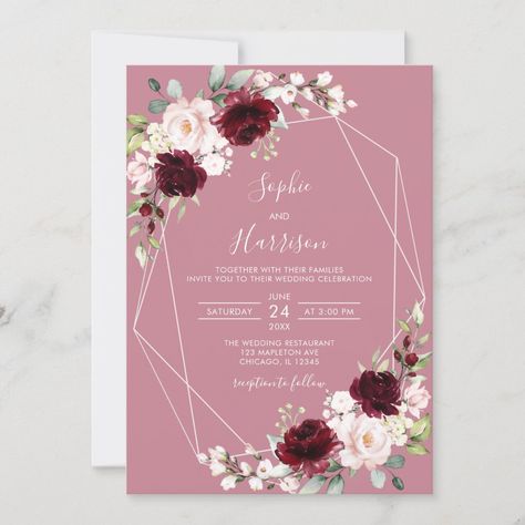 Burgundy And Dusty Rose Wedding, Pooh Wedding, Dusty Rose Wedding Colors, Burgundy Invitations, Blush Floral Wedding, Rose Gold Wedding Invitations, Geometric Wedding Invitation, Wedding Color Combos, Dusty Rose Bridesmaid Dresses