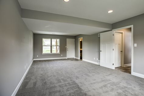 Sherwin Williams: Walls are Pussywillow, trim is Origami White. Floors: Shaw Life Elevated in Bird's Nest. Gray Carpet Living Room, Grey Basement, Gray Basement, Grey Carpet Bedroom, Light Gray Carpet, Carpet Diy, Origami White, Gray Carpet, Basement Carpet