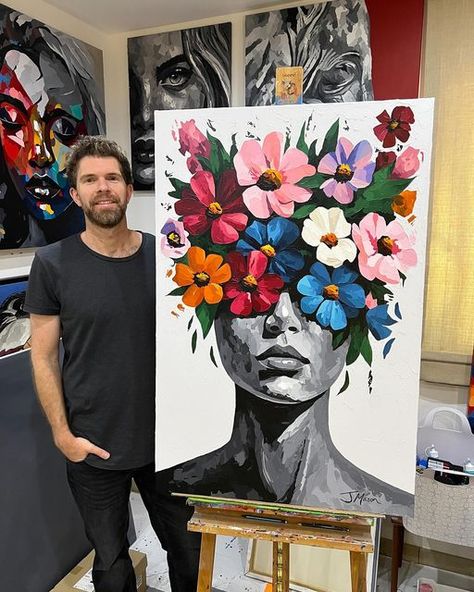 Unique Painting Ideas, Big Canvas Painting Ideas, Kids Painting Class, Pop Art Flowers, Inspiring Drawings, Jack Mason, Brush Drawing, Modern Art Paintings Abstract, Colourful Flowers