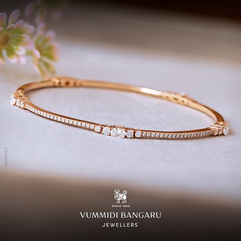 Cast a radiant charm on everyone you meet wearing this light weight bangle encrusted with shimmering diamonds set in rose gold. #Vummidibangaru #VBJMoments #RoseGold #Bangle #Jewellery #Diamonds Vummidi Bangaru Jewellers, Jewellery Diamonds, Neck Pieces Jewelry, Gold Bangles For Women, Gold Jewelry Outfits, Diamond Bangles, Diamond Jewelry Set, Baby Bangles, Ruby Bracelet