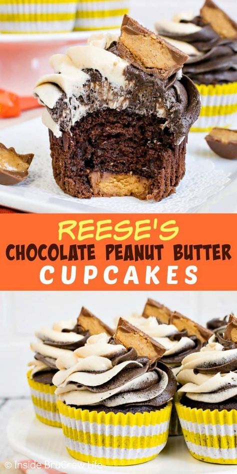 Reese's Chocolate Peanut Butter Cupcakes - swirls of homemade peanut butter and chocolate frosting and hidden peanut butter cups make this the perfect cupcake recipe for peanut butter lovers! #cupcakes #chocolate #peanutbutter #reeses #peanutbuttercups #frosting Reeses Peanut Butter Cupcakes, Reese's Cupcakes, Perfect Cupcake Recipe, Paris Bakery, Butter Desserts, Crumble Cookie, Chocolate Peanut Butter Cupcakes, Chocolate Peanutbutter, Reese's Chocolate