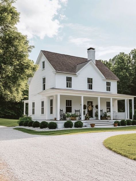 Farmhouse dreams White Old Farmhouse Exterior, White Farm Houses, Farmhouse On Land, Secluded Farmhouse, Farmhouse Driveway, Old White Farmhouse, Classic Farmhouse Exterior, Old Farmhouse Exterior, Old Farmhouse Remodel