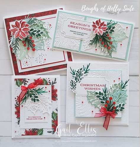 Boughs Of Holly Stampin Up Cards, Stampin Up Boughs Of Holly, Leaves Of Holly, Boughs Of Holly, Christmas Leaves, Poinsettia Cards, Rose Paper, Homemade Christmas Cards, Stampin Up Christmas Cards