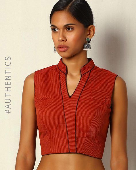 Buy Maroon Moksh Handwoven Mandarin Collar Sleeveless Cotton Textured Blouse | AJIO Band Collar Blouse, Textured Blouse, Cotton Texture, Ruby Earrings, Band Collar, Clothes Ideas, Collar Blouse, Blouse Design, Mandarin Collar