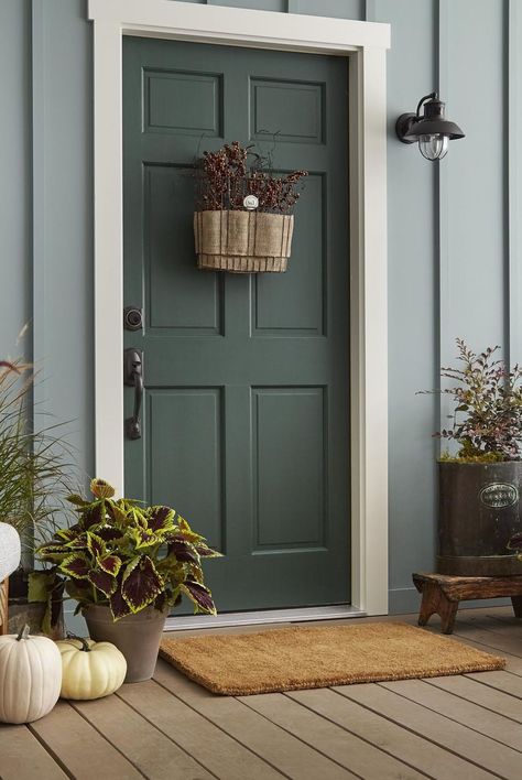 A welcoming, muted spruce front door. Brown House Door Color Ideas, Door Shades, Exterior Door Colors, Behr Colors, Green Front Doors, Blue Green Paints, Painting House, Door Paint, Beautiful Front Doors