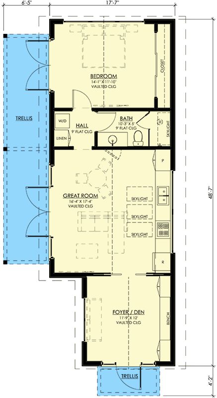 This contemporary single bedroom cottage house plan is an ideal starter home, vacation getaway cabin, or an ADU to generate income on your property.  Enter the home through the foyer, which doubles as a den or lounge area, into the large open-concept kitchen and great room living space.  Large picture windows and skylights combined with the vaulted ceilings throughout the home give this small space a larger than life feel. Architectural Designs' primary focus is to make the process of finding and buying house plans more convenient for those interested in constructing new homes - single family and multi-family ones - as well as garages, pool houses and even sheds and backyard offices.  Our website offers a vast collection of home designs, encompassing various architectural st 2 Bed 1 Bath Tiny House, 1 Bedroom With Den Floor Plans, 20x40 Tiny House Plans, 2 Bedroom 800 Sq Ft House Plans, 800 Sq Ft Apartment Layout, House Plans Under 800 Sq Ft, Adu With Loft, 1 Bed 1 Bath Floor Plan, 16x40 Tiny House Floor Plans