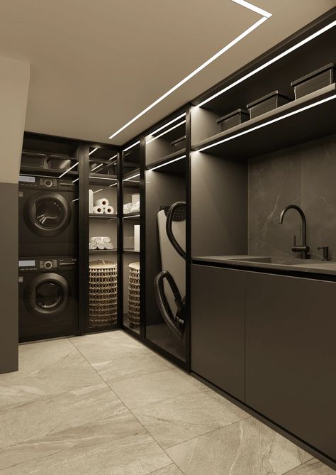 Modern Washing Room, Industrial Modern Laundry Room, Laundry Room Modern Luxury, Luxury Utility Room, Store Room Ideas For The Home, Big House Interior Design, Laundry Room Inspo Modern, Rich Modern House Interior, Dream Utility Room