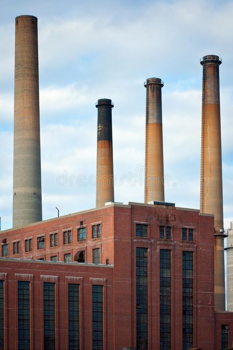 Dirty Factory Smoke Stacks. Over an old brick building , #AFFILIATE, #Smoke, #Factory, #Dirty, #building, #brick #ad Old Brick Building, Factory Exterior, Clever Business Cards, Factory Architecture, Facade Architecture Design, Building Images, Building Front, Industrial Factory, Factory Building