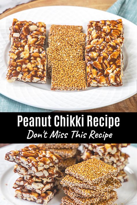 Homemade chikki recipe that is exactly like your mom/grandma made! This peanut chikki (til chikki) is perfectly crunchy, nutty with the right amount of sweetness. Here you’ll learn all the tips to make it perfect every single time. Chikki Recipe, Peanut Chikki, Vegetarian Fast Food, Indian Dishes, 2 Ingredients, Curry Recipes, Winter Food, Your Mom, Best Foods