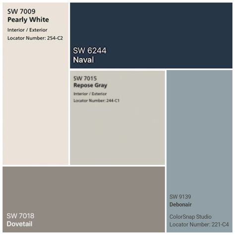 This nautical color palette features warm tones of blue and grays. These colors bring you right back to the ocean and the sandy shores. This palette is perfect for any coastal home looking to mirro… Farmhouse Blue Color Palette, Trim Wall Color Ideas, Transitional Blue Paint Colors, Coastal Office Paint Colors, Blue And Gray Color Palette Living Room, Maroon Accent Wall Living Room, Colored Interior Doors And Trim, Paint Colors With Red Oak Floors, Blue Home Palette