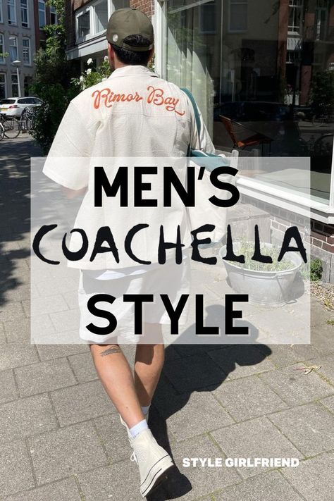 headline: men's coachella style, image: man in off-white camp collar shirt with red embroidery and high top sneakers Coachella Outfit Men Festival Fashion, Guy Coachella Outfits, Coachella Outfit Ideas Men, Coachella Men Outfit, Coachella Outfit Aesthetic, Men Coachella, Music Festival Outfits Men, Coachella Mens Fashion, Outfit For Guys