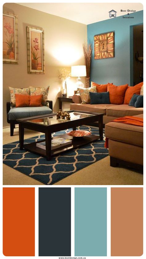 Teal Orange And Gray Living Room, Gray Orange Navy Living Room, Color Palette With Brown Furniture, Fall Color Schemes Living Room, Autumn Color Palette Interior Design, Dark Blue And Orange Living Room, Burnt Orange Living Room Color Combinations Colour Palettes, Autumn Color Palette Home Decor, Orange And Blue Interior Design