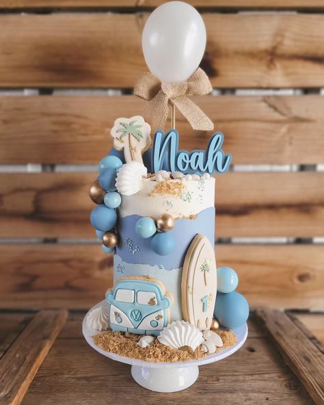 Simone Brain (@sims_cakes_) • Instagram photos and videos Beach Birthday Party Cake, Surf Cake Ideas, Surf Birthday Cake, Baby On Board Cake, Surf Board Cake, Surf First Birthday, The Big One Cake, Surfer Cake, Paw Patrol Birthday Party Cake