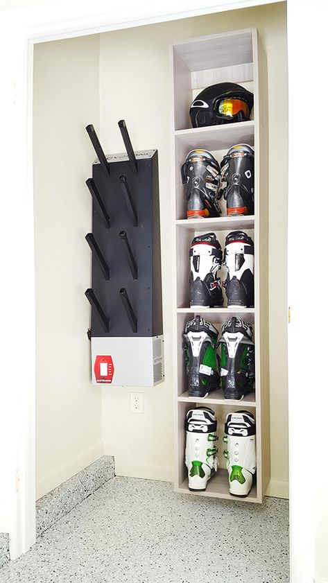 Boot Drying Systems - Garage Cabinets Flooring and Organizers - Park City, Utah Ski Boot Storage Ideas, Ski Gear Storage Ideas, Ski Closet Organization, Entry Way Ski Storage, Ski Organization Storage Ideas, Ski Drying Room, Ski Boots Storage, Mudroom Winter Gear Storage, Garage Ski Storage