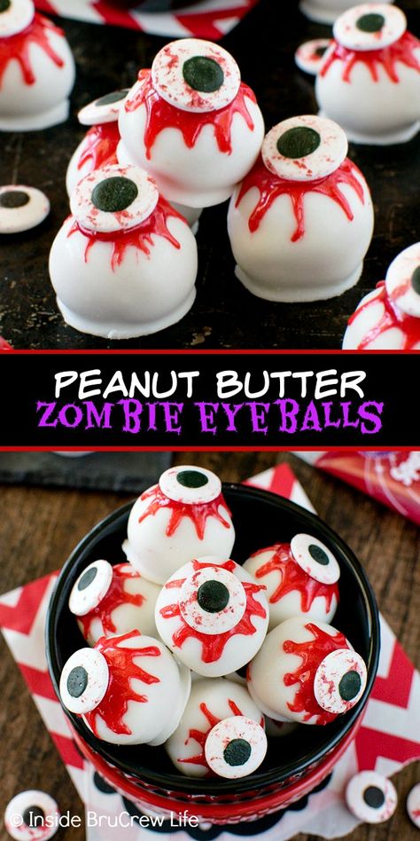 Peanut Butter Zombie Eyeballs - candy eyes and oozing red gel frosting give these peanut butter balls a spooky flair. Make this easy no bake recipe for Halloween or Walking Dead parties! Halloween Peanut Butter Eyeballs, Oreo Ball Eyeballs, Eye Balls Halloween, Eyeball Treats Halloween, Peanut Butter Eyeballs, Halloween Eyeball Treats, Halloween Peanut Butter Balls, Eyeball Desserts, Zombie Recipe