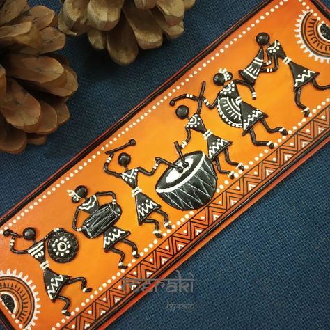 Meraki by Tanu on Instagram: “Flow with your creative spirit. . Warli mural art Ready to hang DM to order . Dimensions: 4 x 12…” Worli Painting, Diy Wall Art Decor, Beautiful Art Paintings, Clay Wall Art, Art And Craft Videos, Canvas For Beginners, Art Decor Diy, Madhubani Art, Indian Folk Art