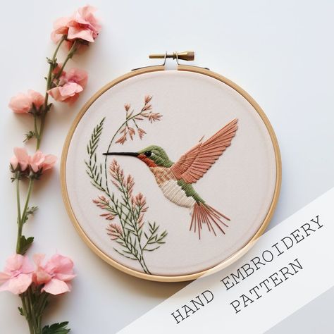 Hand Embroidery Pattern, Hummingbird, pdf pattern, beginner thread painting, diy embroidery art, bird embroidery, ruby throated Hummingbird Hand Embroidered Hummingbird, Embroidery With Painting, Spring Embroidery Designs, Embroidery Patterns Birds, Beginner Embroidery Patterns, Embroidery Patterns Beginner, Embroidery Free Pattern, Modern Embroidery Patterns, Hummingbird Embroidery