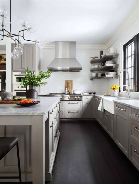 White Kitchen With Dark Floors, Kitchen With Dark Floors, White Kitchen Dark Floors, Serene Kitchen, Gambrel House, Dark Kitchen Floors, Gambrel Style, Light Kitchen Cabinets, Dark Floors