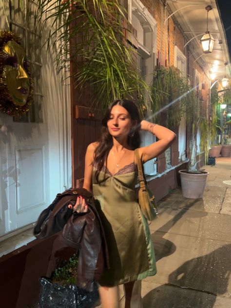 Slip Dress Night Out, Leather Jacket Slip Dress, Green Dress Leather Jacket, Doc Martens Slip Dress, Silk Dress And Leather Jacket, 70s Slip Dress, Slip Dress And Leather Jacket, Short Slip Dress Outfit Winter, Vintage Slip Dress Aesthetic