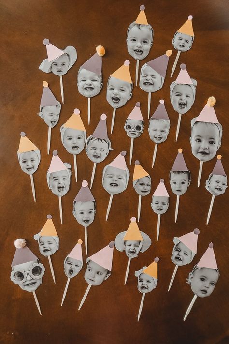 Diy Animal Birthday Decorations, Face On Cupcake, Birthday Face Cupcake Toppers, 1st Birthday Cupcake Toppers, Diy Face Cupcake Toppers, Polaroid First Birthday Ideas, Make Your Own Party Hat, Diy Easy Birthday Decorations, Party Food First Birthday