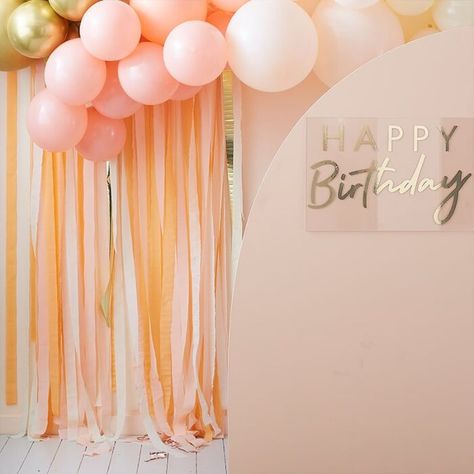 Add a touch of shimmer to your Party Backdrop! Each pack includes 150m of streamers in a variety of peach and gold colours. These simple Gold and Simple Party Backdrop, Gold Streamers, Peach Party Decorations, Peach Crepes, Party Streamer, Crepe Streamers, Hen Party Decorations, Streamer Backdrop, Crepe Paper Streamers