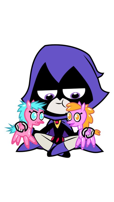 Cute little superhero Raven from Teen Titans Go cartoon series also likes to play with toys. She got two pink pony toys that look like My Little Pony characters with wings. A Teen Titans Go Raven... Characters With Wings, Raven Cartoon, Cat Good Morning, Cartoons Stickers, Teen Titans Go Characters, Minion Kevin, Teen Titans Go Raven, Raven From Teen Titans, Titans Fanart