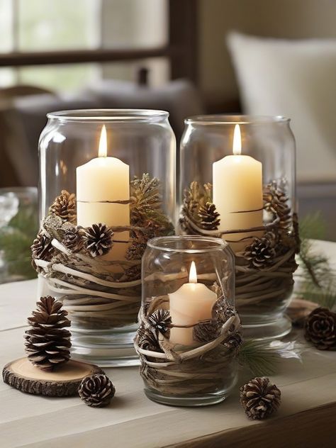 Create a warm and inviting atmosphere this holiday season with these rustic candle holders made from twigs, pinecones, or small branches. Perfect for adding a touch of nature to your home decor. #candlelight #cozydecor #homedecor #Christmasdecorations Pickle Jar Crafts, Cozy Candlelight, Candle Diy, Rustic Candle, Family Christmas Party, Rustic Candle Holders, Cool Christmas Trees, Diy Crafts Hacks, Cozy Decor