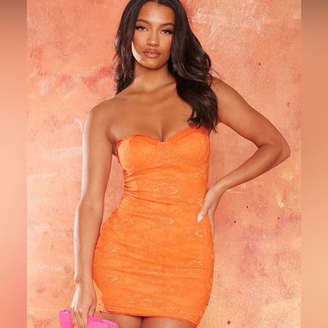 Lacey Orange Strapless Less From Pretty Little Thing 100% Polyester Orange Hoco Dress, Hoco Dress, Dress Doll, Pretty Little Thing, Pink Heels, Binding, Bodycon Dress, Size 10, My Style