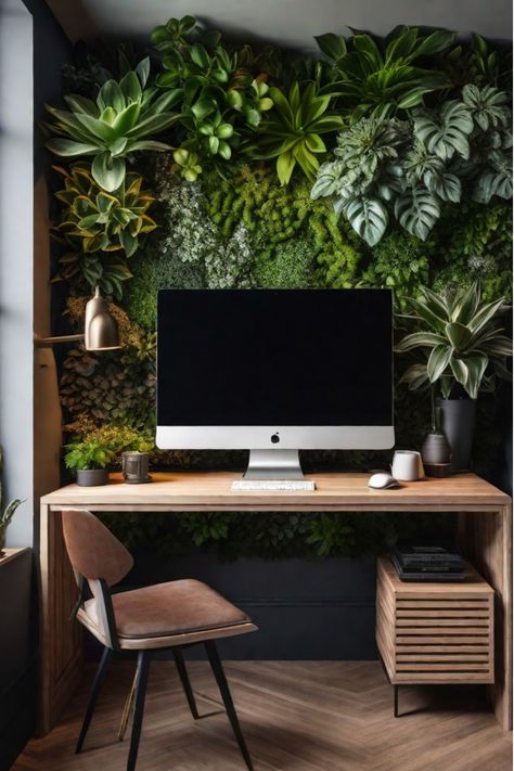 Nature-inspired home office in apartment with plant wall Green Wall Office Design, Plant Wall Office, Office Plant Wall, Green Wall Office, Apartment Workspace, Wall Office, Vertical Garden Wall, Doctor's Office, Office Plants