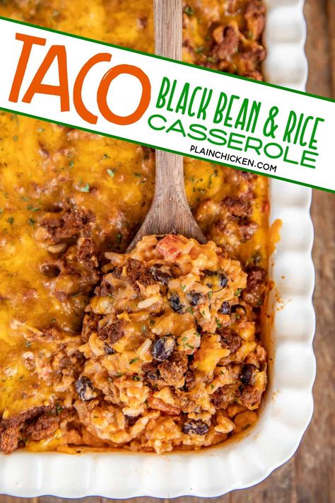 Taco Black Bean and Rice Casserole - a quick and easy Mexican casserole! Can make ahead and refrigerate until ready to bake. Ground beef, taco seasoning, black beans, diced tomatoes and green chiles, tomato sauce, salsa, rice, sour cream, and cheddar cheese. Makes a ton!!! We LOVE this easy side casserole recipe! Bean Rice Casserole, Bean And Rice Casserole, Taco Casserole With Rice, Salsa Rice, Black Bean And Rice, Black Bean Rice, Black Bean Casserole, Bean And Rice, Easy Mexican Casserole