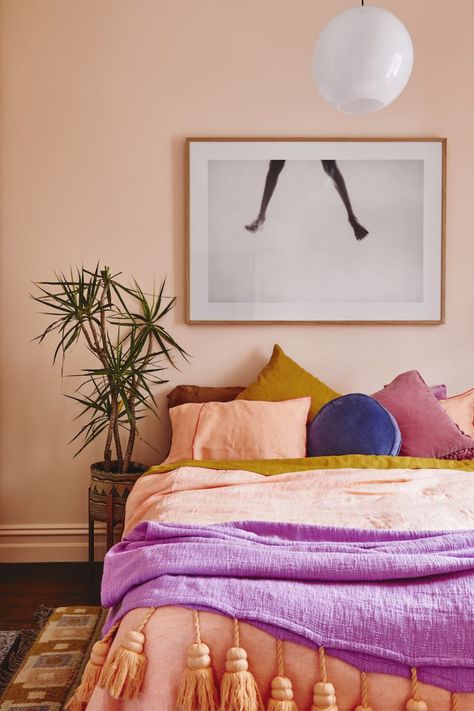 There Is Nothing Predictable About This Bold Melbourne Home Fun Bedroom Colors, Bedroom 2024 Design, Calm Colorful Bedroom, Calming Interior Design, Beige Bedroom Ideas With Pop Of Color, Modern Colorful Bedroom, Colorful Minimalist Bedroom, Neutral Homes, Bedroom Minimalist Modern