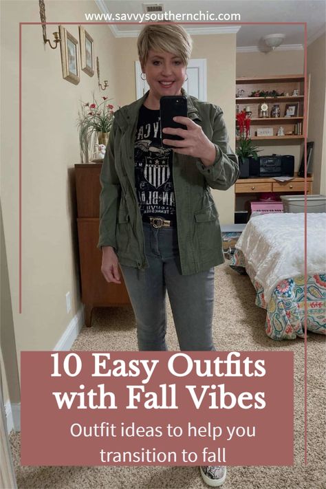 Need ideas for transitioning to fall? What do you wear when it's still hot in fall? Click through for 10 easy fall outfit ideas. Outfits for petites and women over 40. Fall Clothes For Women Over 40 Style, Women’s Fall Outfit Ideas, Fall Fashion Over 40 Casual, Fall Outdoor Outfits Women Casual, Casual Dinner Party Outfit Fall, Fall Fashion For Women In Their 40's, Fall Looks For Women Over 40, What To Wear To A Fall Festival, Fall Outfit Ideas For Women Over 40