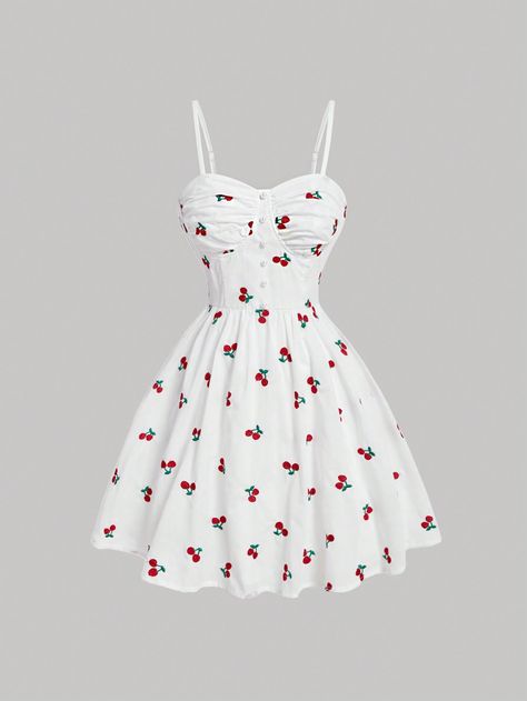 SHEIN MOD Cherry Embroidery Spaghetti Strap DressI discovered amazing products on SHEIN.com, come check them out! Cute Cherry Dress, Pretty Sun Dresses, Cherry Inspired Outfit, White Cherry Dress, Embroidery Outfits, Sinful Clothing, Cute Sundresses, Shein Clothes, Vestido Shein