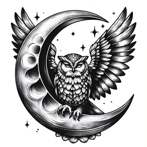 Majestic Owl and Moon Tattoo Design Inspiration Moon Owl Tattoo, Owl And Moon Tattoo, Moon Tattoo Design, Tattoo Generator, Owl And Moon, Tattoo Wings, Moon Tattoo Designs, Sketch Tattoo Design, Sketch Tattoo