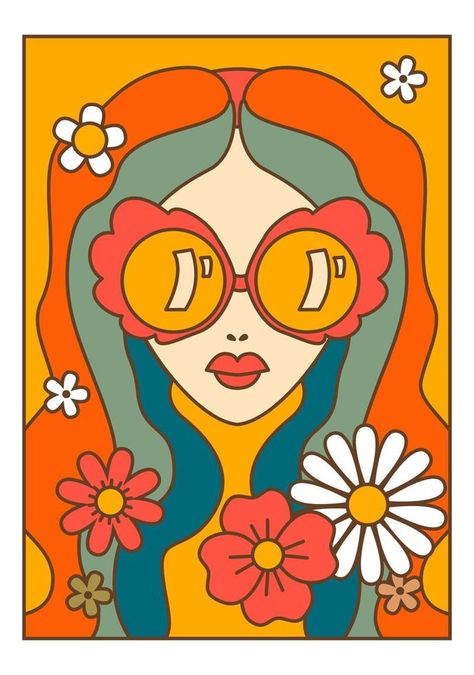 Woman portrait with sunglasses female with flowers Pop Art Woman Face, 1970s Artwork, Retro Paintings Ideas, 60s Wall Art, Pop Art Flowers, Sunglasses Art, Female Sunglasses, 60s Art, Retro Painting