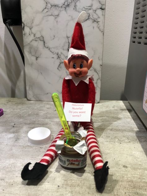 Elf Nutella Ideas, Elf On Shelf Ideas, Elf Fun, Elf On Shelf, Shelf Ideas, On The Shelf, Elf On The Shelf, Nutella, Christmas Decoration