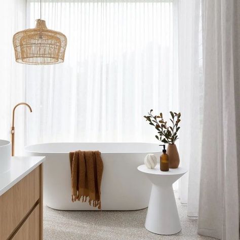 Ryan & Dahna | The Talle Valley House on Instagram: "《 Sanctuary 》 Our ensuite (aka Mum's bathroom) was a designed to be a luxe place to escape and relax. Haven't found the time to sit back in this beautiful tub lately, but the fact that this image by @lighthouse_lane popped into my feed, I'm taking it as a sign to make the time. Side note, 20%off @lighthouse_lane if you needed to get something to add to your special space. 📸 @villastyling" Ceiling Pattern, Ornate Ceiling, Pendant Lighting Australia, Rattan Light, Entry Lighting, Rattan Pendant, Rattan Pendant Light, Kitchen Benches, Dining Lighting