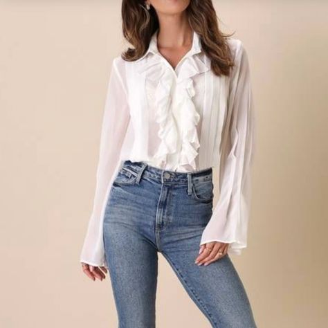 Sheer Top Outfit Classy, Ditsy Floral Top, White Sheer Top, Lulu Fashion, Flowy Tops, Sheer Top, Button Placket, Ruffle Trim, Steve Madden