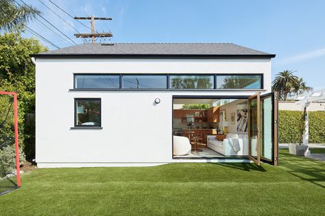 Clerestories and a Pitched Roof Cap This $330K Garage Turned ADU in Los Angeles - Dwell Studio Adu, Shingles Roof, Roof Cap, Backyard Studio, Clerestory Windows, Garage Conversion, Gable Roof, Exterior Remodel, Shipping Containers