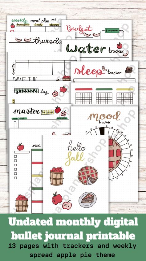 This is a undated digital bullet journal monthly printable bundle with 13 pages and an apple pie theme perfect for the fall and apple season. This bujo planner has an automn aesthetic with the apple and pie doodles. This is a digital bullet journal planner that can be used digitally on goodnotes or printed for yourself. This bundle doesn't have any dates and can be used for any months. It also has everything you will need in the month with calendar, to do list, trackers and weekly spreads. Apple Bullet Journal Theme, Calendar To Do List, Boulet Journal, Bullet Journal Monthly, Digital Bullet Journal, Bullet Journal Monthly Spread, Colorful Planner, Bujo Planner, Monthly Printable