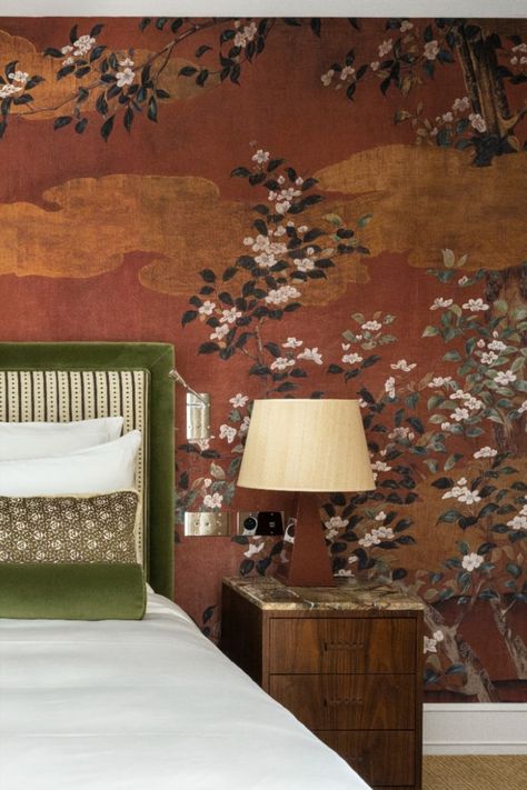 Our White Blossom, also a Japanese decor inspired by Edo Period painting, was used in the other half of the rooms and suites. Seen here, White Blossom against a lovely brown crackled background, available in our standard collection. Saint James Hotel - Paris Interior Architect: Laura Gonzalez Romantic Interior Design, Curved Bed, Romantic Interior, Nickey Kehoe, Bedroom Redo, Dark Interiors, Collage Design, Humble Abode, Mahogany Wood