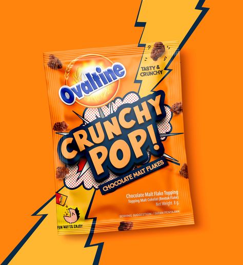 Ovaltine Crunchy Pop — ADHOCK STUDIO Chocolate Package Design, Snack Ads, Snack Packaging Design, Pop Packaging, Food Package Design, Snack Design, Snack Package, Crunchy Snacks, Chip Packaging